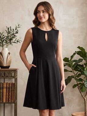 Cynthia Rowley Black Sleeveless Keyhole Fit-and-Flare Dress with Pockets